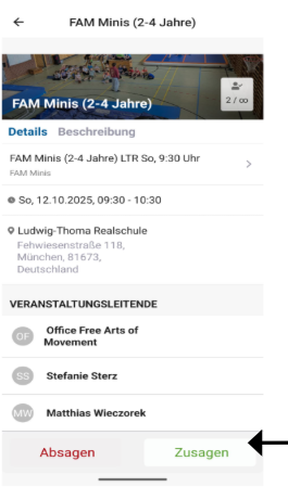 Zu- oder Absage-Funktion in der Kurabu-App